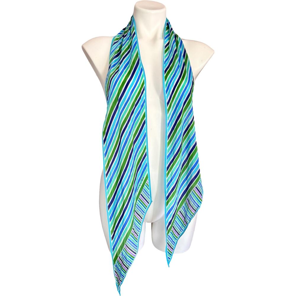 Vintage Oscar de la Renta Silk Skinny Scarf Diagonal Turquoise Japan 7x78" - Picture 6 of 9